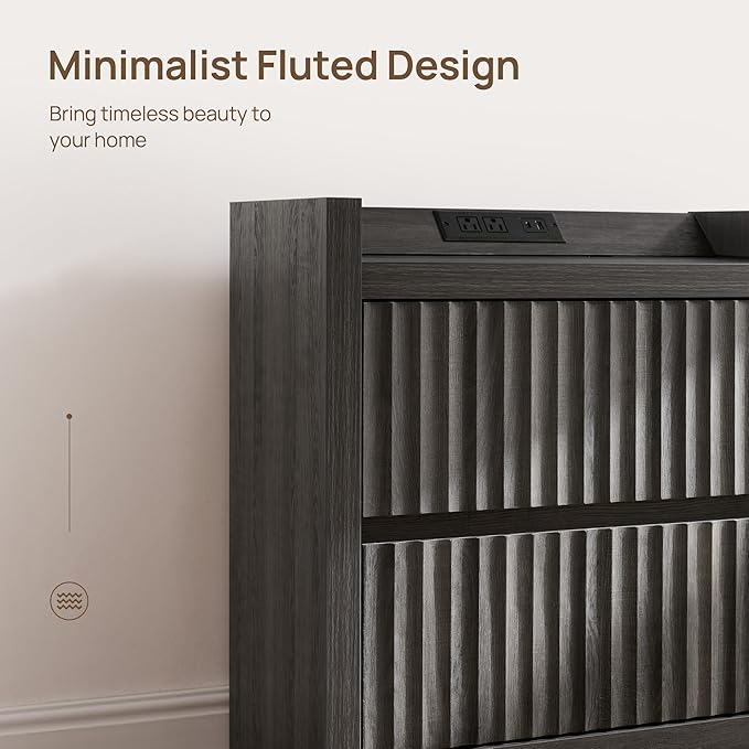 SICOTAS Night Stand Set of 2-Fluted Nightstands with Charger Station-Large Nightstand Bedside Table End Table with 2 Drawers, 25" Wide Mid Century Modern Night Stands for Bedroom-Black Oak