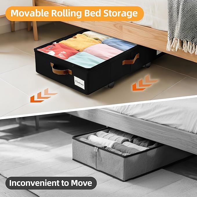 2 Pack Under Bed Storage with Wheels – 30.5×17×5.5 Inch, Underbed Storage with Sturdy Sidewalls/Bottom, Clear Cover, Label and PU Handle, Rolling Under Bed Drawers for Clothes, Shoes, Toys, Blankets