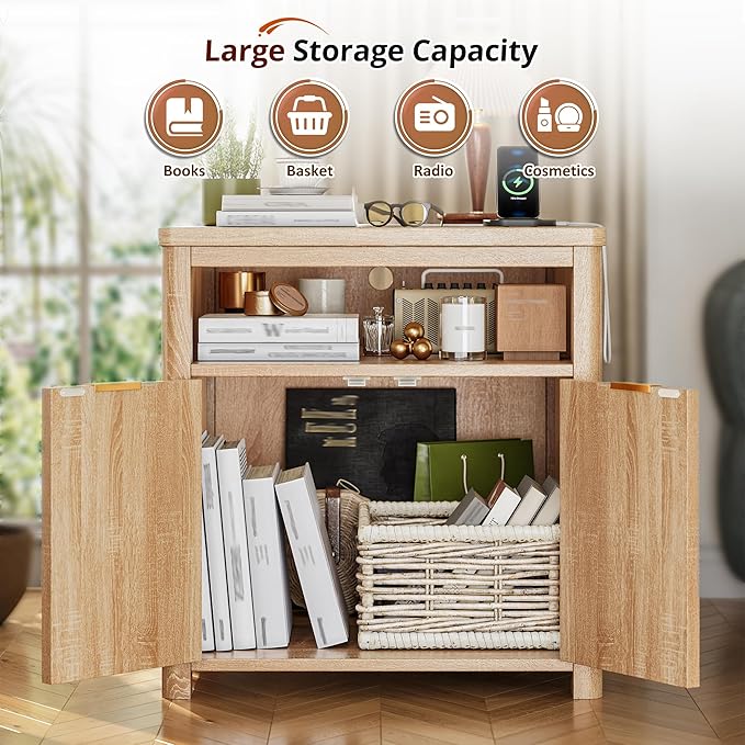 Fluted Nightstand with Charging Stations, 23.6" Wide Natural Oak Nightstand with Storage Drawers, Side Tables, Modern Farmhouse End Tables for Bedroom, Natural Oak