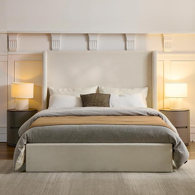 King Size Upholstered Bed Frame, Harper 54" Tall Headboard Platform Beds, Wingback Headboard Bedframes/No Box Spring Needed/Easy Assembly/Elegant Simplicit, Textured Ivory Canvas Chenille