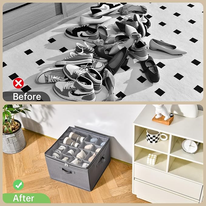 2 Pack Shoe Organizer for Closet,Fits up to 32 Pairs,Adjustable Dividers for Shoe Storage,Fabric Shoe Storage Bins with Clear Cover,Grey