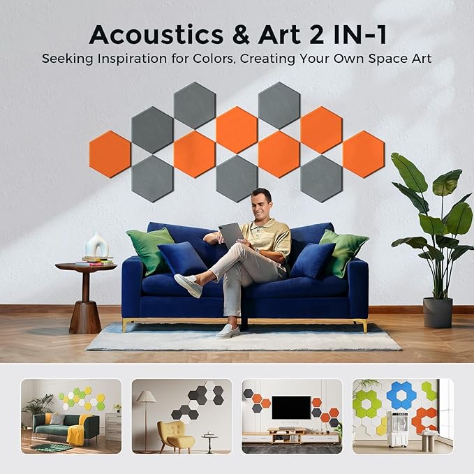 Self-Adhesive Acoustic Panels [390 lbs/yd³ Ultra-High Density], 2nd Generation Sound Absorbing Panel, Professional Level Sound Panel, Polyester Soundproof Foam [Size L, Orange & Moon Grey]