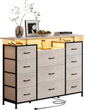 LUMTOK 11 Drawers Dresser with Fabric Drawers,Charging Station, LED Lights and Shelves for Bedroom Storage Organization (Greige)