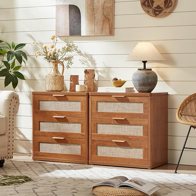 LEYAOYAO Rattan Night Stand with Drawers, 23" Large 3 Drawer Boho Nightstand, Natural Wood Bedside Table Storage Cabinet, Bed Side End Tables Dresser for Bedroom, Living Room, Hallway, Closet