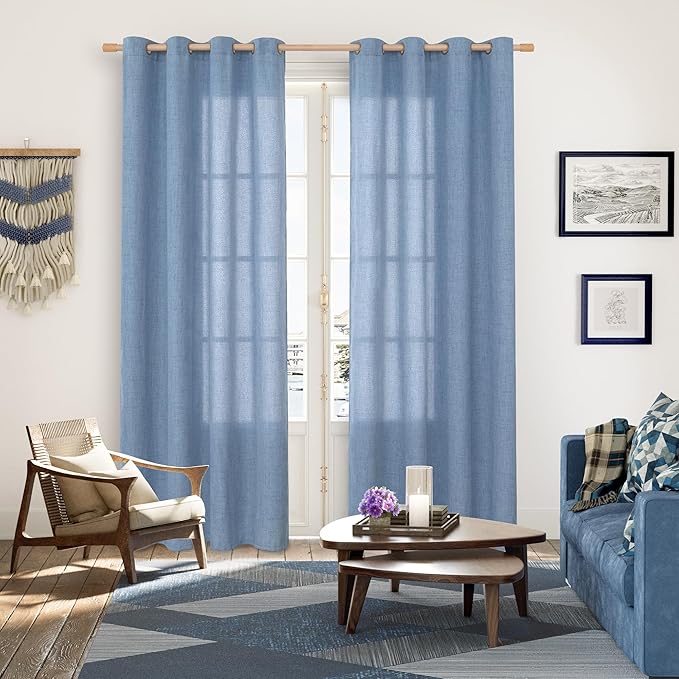 YoungsTex Denim Blue Linen Semi Sheer Curtains 80 Inch Length for Living Room, Light Filtering Window Drapes with Bronze Grommet Privacy for Dining Bedroom, 52 x 80 Inch, 2 Panels