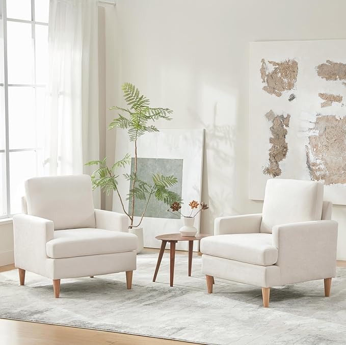 VKNOW Mid-Century Accent Chairs Set of 2, No Tools Assembly Required, Modern Upholstered Polyester Armchairs for Living Room & Bedroom, Comfortable Reading Chairs with Wood Legs, Beige