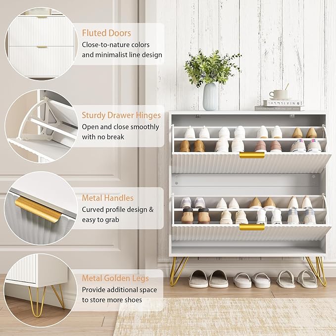 Shoe Storage Cabinet with 2 Flip Drawers, Fluted White Shoe Cabinet Storage for Entryway Slim, Narrow Shoe Organizer Cabinet, Modern Freestanding Shoe Rack for Entryway, White