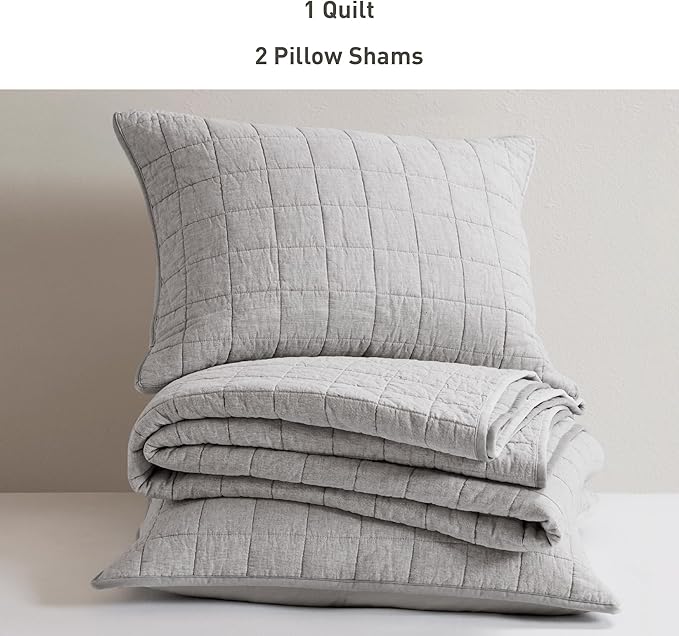 Hyde Lane Luxury Linen Quilt Set King Size, Organic European Flax Cotton Blend Bedding for Bedspread and Coverlet, Box Stitched, with 2 Pillow Shams, 106"x96", Grey