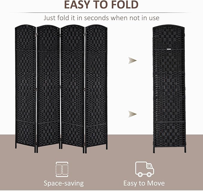 HOMCOM Room Divider, 4 Panel Folding Privacy Screen, 6FT Tall Portable Wicker Weave Partition Wall Divider for Bedroom, Home Office, Black