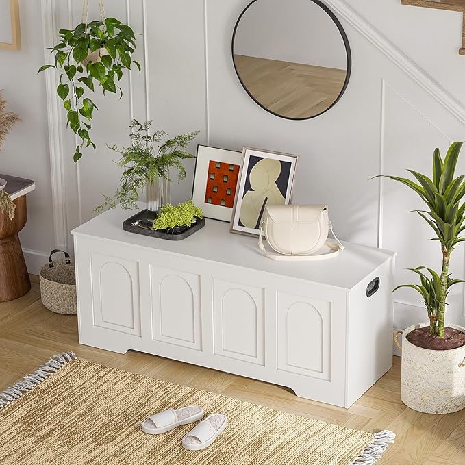 DINZI LVJ Storage Chest, 47.2" Rattan-Like Toy Box with 2 Safety Hinges, Wooden Entryway Storage Bench with Flip-Top, Large Trunk for Living Room, Bedroom, Easy Assembly, White