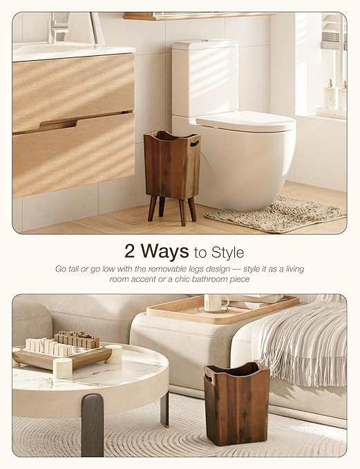 2 Gallons Wooden Trash Can 4 Legs - Acacia Wooden Bin, Wood Bathroom Accessories - Small Bin, Waste Basket for Bedroom, Office Garbage Can - Bathroom Trash Can, Patent Pending (Walnut Color)