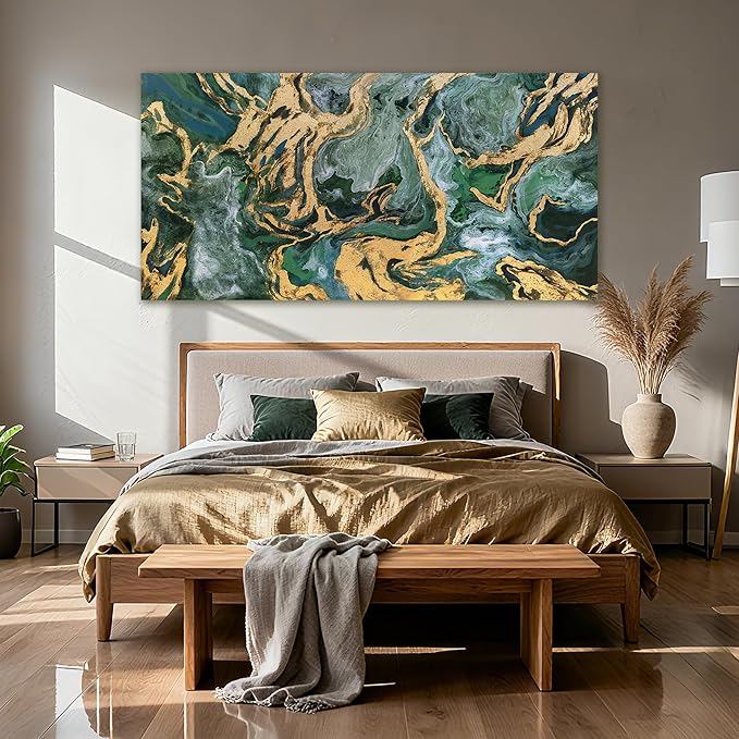 YETHEN WAL Emerald Green Canvas Wall Art, Gold Foil Marble Fluid Texture Art Prints, Large Modern Artwork for Living Room Bedroom Office 29x58 Inch