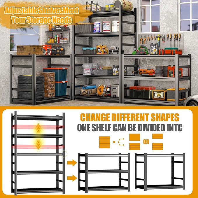 72''H Garage Storage Shelves, 5Tier Heavy-Duty Metal Shelving Unit, 40''W*14''D Adjustable, Double-Layer Column with Reinforced Ribs, Capable of Bearing 3020 lbs for Garage, Warehouse, Kitchen Storage