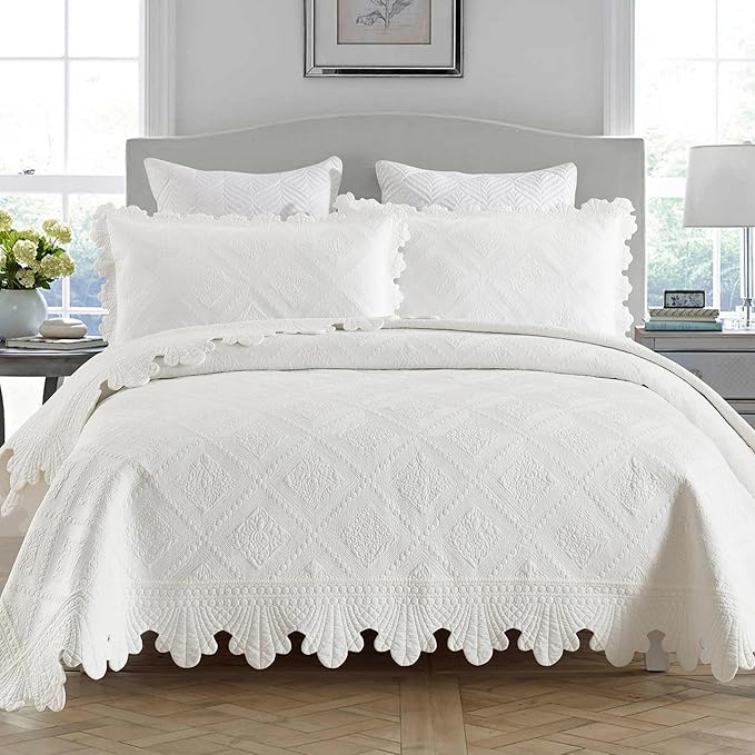 MarCielo 3-Piece 100% Cotton Oversized Bedspread Lightweight Quilt Coverlet Embroidery Farmhouse Bedding Set (TK White, Oversized Queen (100"x106"))