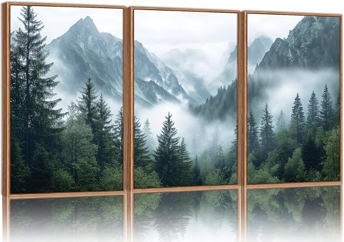 YeeHomedec Large Mountain Framed Canvas Wall Art, Mordern Calming Forest Wall Decor, Misty Nature Mountains Art Painting, Wooden Pine Trees Artwork for Living Room Bedroom Farmhouse 16"x24"x3
