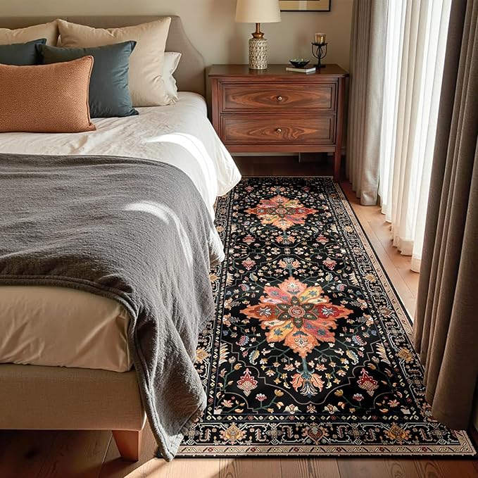 Area Rugs 3'x8' Washable Non-Slip, Floral Vintage Distress Print Pattern Medallion Carpet for Living Room Bedroom Dining Room, Black Colorful Floral Dark Tan