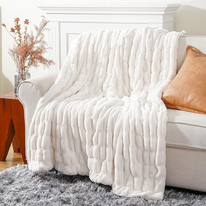 BATTILO HOME Cream Faux Fur Throw Blanket for Bed, Large Double Side Ruched Rabbit Fur Blanket for Couch, Bed, Super Soft Cozy Mink Blanket, 60"x80"