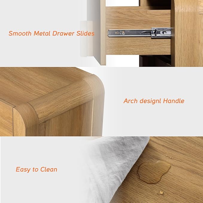 WAMPAT Modern 3 Drawer Nightstand, 31.5" Tall Nightstand with Large Chest of Drawers, Wooden Bedroom Dresser w/Curved Profile Design, End Table Bed Side Table for Bedroom, Living Room, Light Walnut