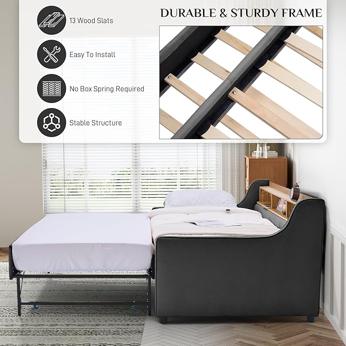 Twin Size Daybed with Pop Up Trundle Bed, Linen Upholstered Day Bed Frame with w/LED/USB/Type C/Storage Headboard, Twin to King Daybed for Living Room Bedroom, No Box Spring Needed, Dark Grey