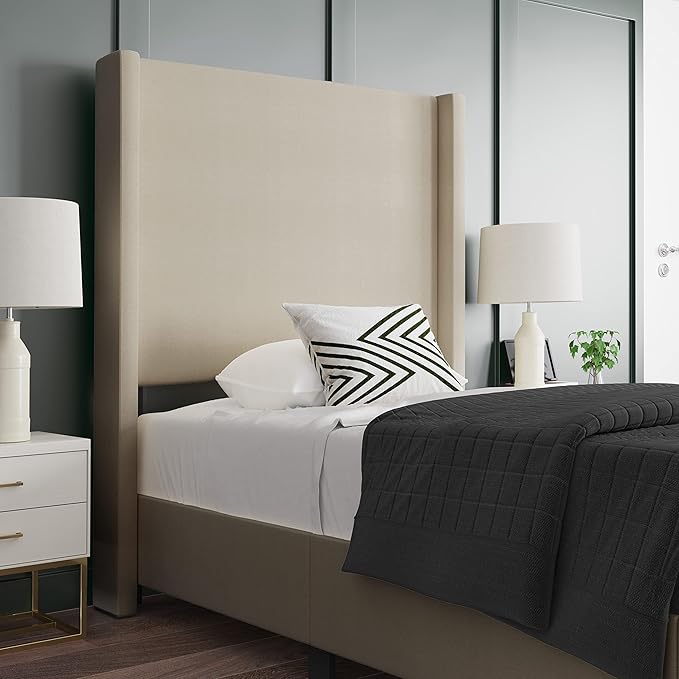 EMMA + OLIVER Nora Twin Size Faux Linen Upholstered Platform Bed with Plush Padded Wingback Headboard (No Box Spring Needed), Modern Upholstered Headboard Twin Bed Frame, Beige