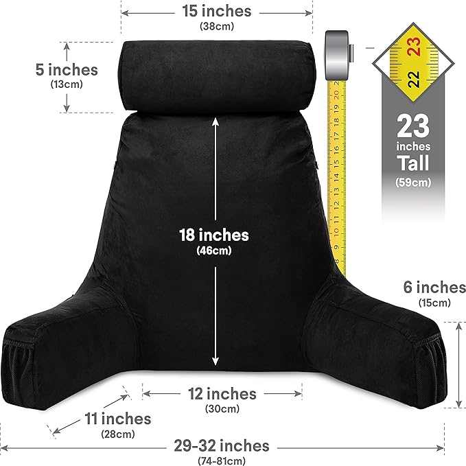 Husband Pillow Medium Aspen Edition Stable Black, Sit Up Reading & Bed Rest with Arms, Ultra-Comfy, Detach Neck Roll - Premium Shredded Memory Foam Backrest, Reverses to Micro: Suede or Plush