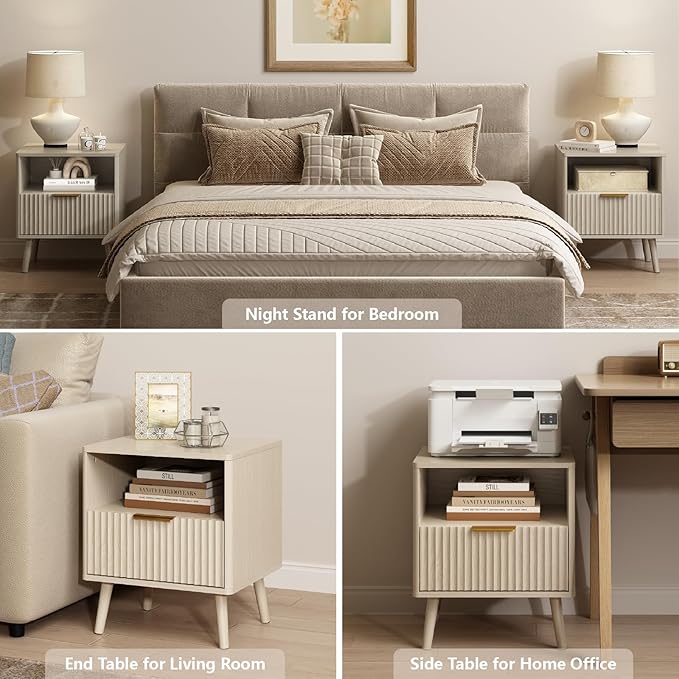 CARPETNAL Fluted Nightstand Set of 2, Beige Bedside Table with Drawer and Storage Shelf, Wood End Table Mid Century Night Stands for Bedroom Living Room