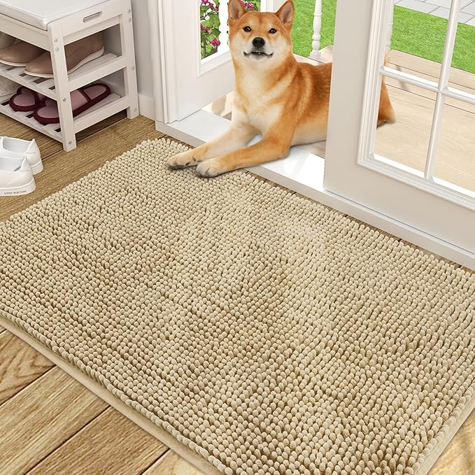 OLANLY Dog Door Mat for Muddy Paws 50x30, Absorbs Moisture and Dirt, Absorbent Non-Slip Washable Doormat, Quick Dry Chenille Mud Mat for Dogs, Entry Indoor Entryway Carpet for Inside Floor, Beige