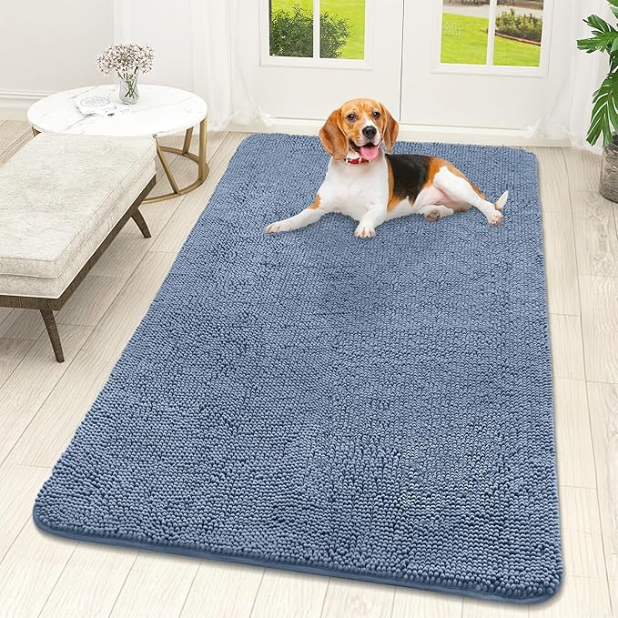OLANLY Dog Door Mat for Muddy Paws 59x32, Absorbs Moisture and Dirt, Absorbent Non-Slip Washable Doormat, Quick Dry Chenille Mud Mat for Dogs, Entry Indoor Entryway Carpet for Inside Floor, Airy Blue