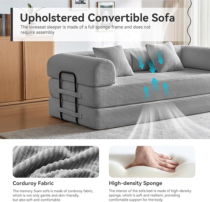 Convertible Sleeper Sofa Bed, Sleeper Sofa with Pillow | Corduroy Fabric | High-Density Sponge | Fixed-Shape Frame, Modular Sofa Bed for Living Room Lounge Studio (Light Grey)