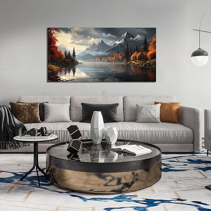 Landscape Wall Art for Living Room Bedroom Home Office Gray Wall Art Mountain Lake Pictures Modern Landscape Large Artwork Framed Canvas Prints 24x48 Inch