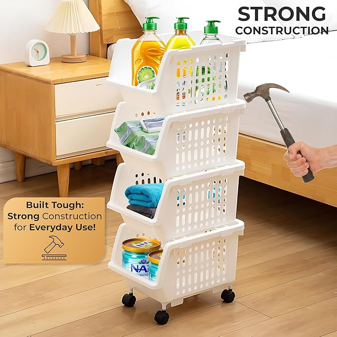 TidyFriend Stackable Storage Bins for Pantry - 4 Pack Small Stackable Bins for Organizing Food, Kitchen, and Bathroom Essentials (White)