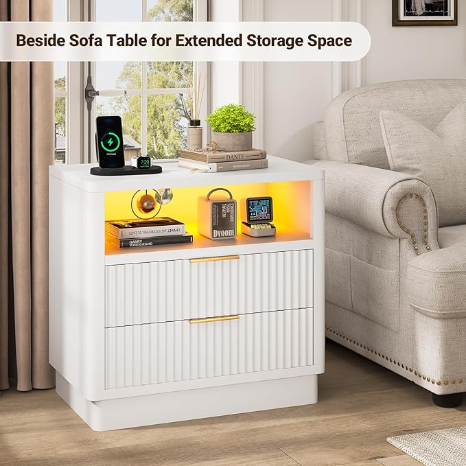 ELYKEN White Nightstand Set of 2 with Charging Station & LED Light, Fluted Bedside Cabinet with 2 Drawers, Wooden End Table with USB & Type-C Port for Bedroom Living Room