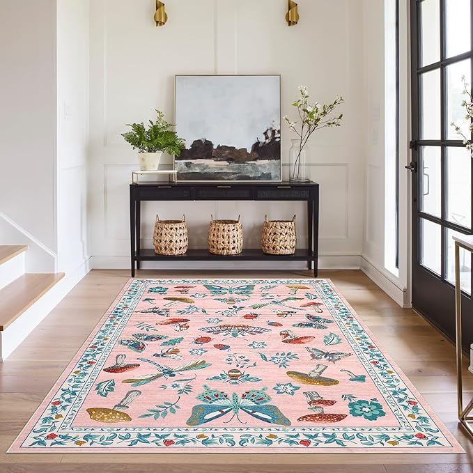 Mushroom Insect Washable Rug 5x7 Area Rugs for Bedroom Non Slip with Rubber Back Low Pile Stain Resistant Butterfly Carpet for Living Room Nursery Kitchen Dining Room Khaki Pink