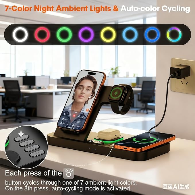 Dual Phone Magnetic Wireless Charging Station for Apple Devices/Apple Ecosystem,with Auto-Switch 7-Color Light & Clock, Compatible with iPhone 17/16/15, for iWatch 11/10/9 & AirPods Pro3（Black