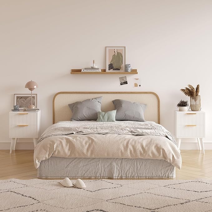 YAUKOMEL Fluted Nightstand with 2 Drawers,Modern Bedside Table with Metal Handles,Side Table with Solid Wood Legs,End Table for Living Room,Bedroom,Small Spcae 11.8" D x 16" W x 22.4" H White CTG55W