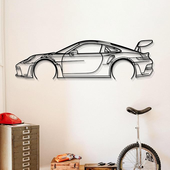 Dekory Car Wall Art – 911 GT3 RS (992) Black Metal Sports Car Silhouette, Modern Industrial Automotive Wall Decor for Garage, Living Room or Bedroom – 40 Inch (L)