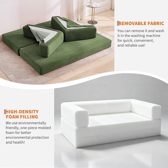 Garvee 5-in-1 Convertible Sofa Bed, 78.8" Modular Corduroy Sleeper with Sturdy Frame & No Assembly, Multi-Functional Futon for Small Space, Living Room & Guest Room (Green)