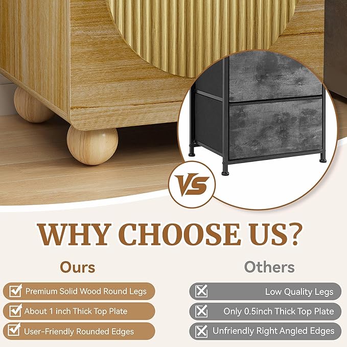 23" Fluted Nightstand with Solid Wood Legs Set of 2, Modern Style Natural Bedside Table with Round Moon Handle & Storage, Mid Century Cute Night Stand for Bedroom, Side Table, End Table
