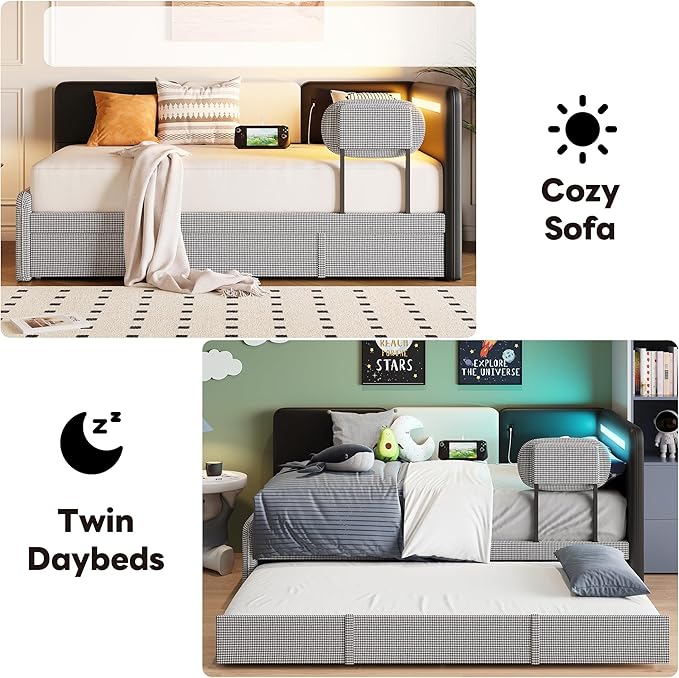 LIKIMIO Twin Daybed with Trundle, Day Bed Frame with 2 USB Ports& LED, Upholstered Guardrail, Sofa Bed with Strong Supports for Bedroom, Living Room
