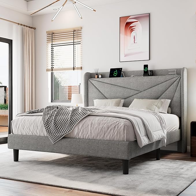 Full Size Upholstered Bed Frame with Charging Station, Platform Bed Frame with Storage Headboard, Solid Wood Slats Support, No Box Spring Needed, Light Gray