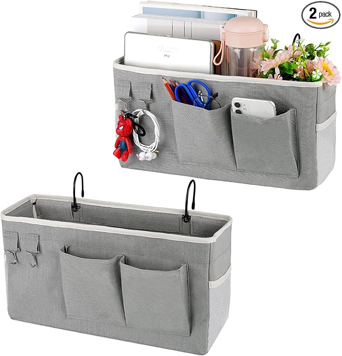 Ozzptuu Bedside Storage Caddy/Bedside Hanging Storage Bag for Headboards Bunk Beds Dorm Rooms Book Phone Magazine Holder (2PC Grey)