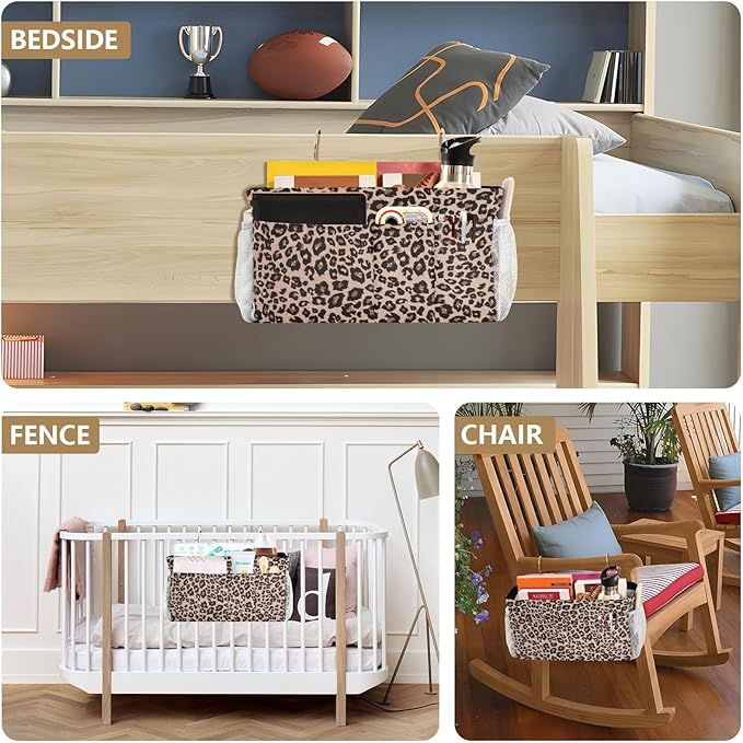 Bedside Caddy Hanging Bunk Bed Caddy Bed Organizer Hanging Pocket with 2 Hooks Bedside Storage Organizer Pocket Bag Holder Leopard Print Brown