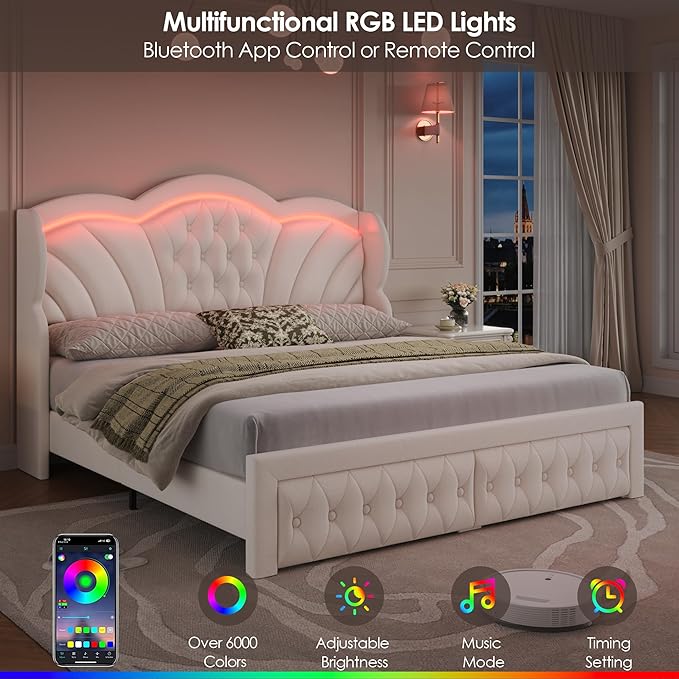 Keyluv Queen Bed Frame with LED Lights and 2 Storage Drawers, Velvet Upholstered Platform with 47" Tall Arc-Shaped Wingback Headboard and Button Tufted Design, No Box Spring Needed, Noise-Free, Beige