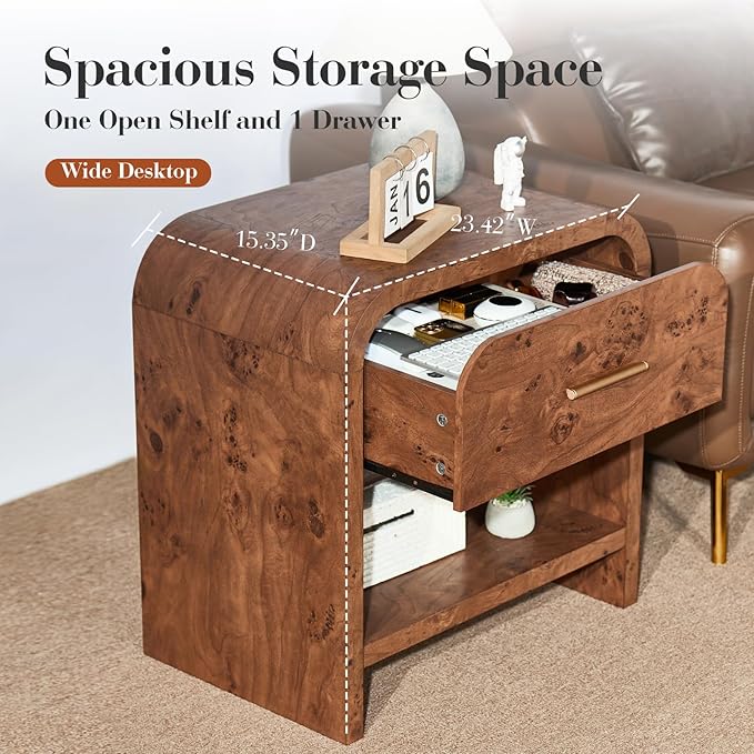 Night Stand Set of 2 [Unique Curved Profile] [FSC-Certified Wooden Board] 1-Drawer and 1 Storage Shelf Nightstand 24" H Metal Handle Modern Bedside Table Side Table End Table