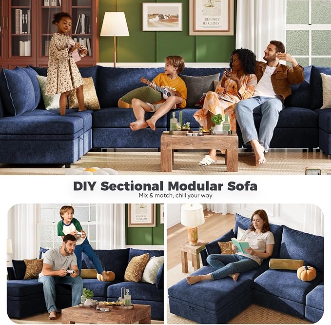 ABCASA Luxury Modular Sectional Sofa, L-Shaped 3-Seat Couch with Storage Ottoman Deep Seat & Reversible Chaise Lounge Chenille Blue for Compact Spaces, Apartments, Dorm