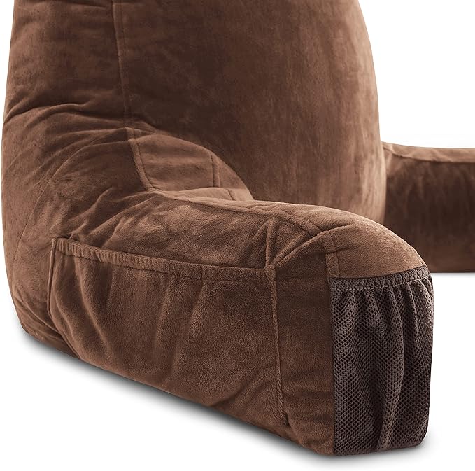 Husband Pillow Medium Chocolate, Backrest for Kids, Teens, Petite Adults - Reading Pillows with Arms, Adjustable Loft, Plush Memory Foam, Bed Rest Chair Sitting Up, Detach Neck Roll, Removable Cover