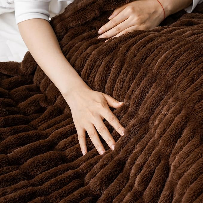 BATTILO HOME Rust Brown Faux Fur Throw Blanket for Bed, Large Double Side Reversible Ruched Rabbit Fur Blanket for Couch, Living Room, Soft Warm Mink Cozy Blanket, 60x80 Inch