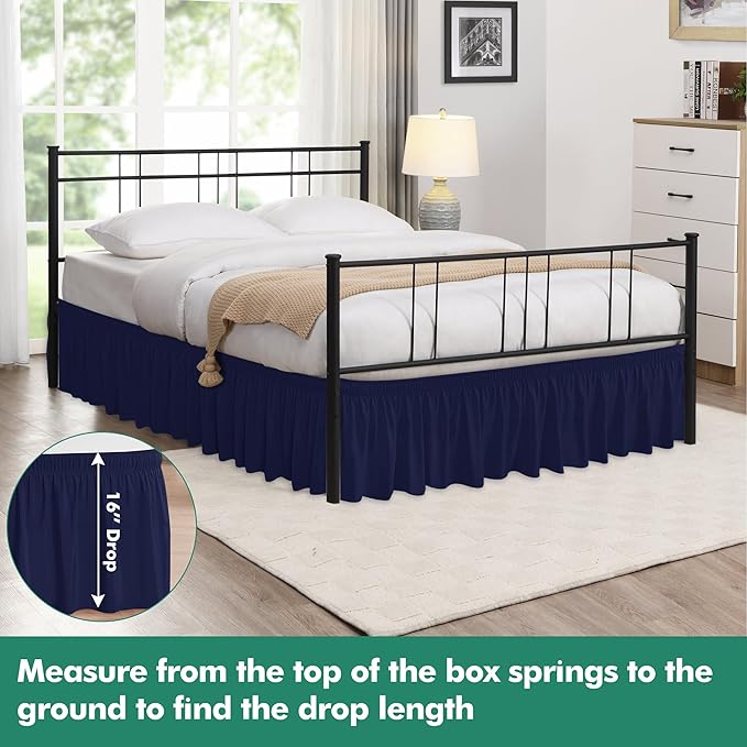 Biscaynebay Wrap Around Bed Skirts with Split Corners for Queen Beds 16" Drop, Navy Elastic Dust Ruffles Adjustable Easy Fit Wrinkle & Fade Resistant Silky Luxurious Fabric Machine Washable