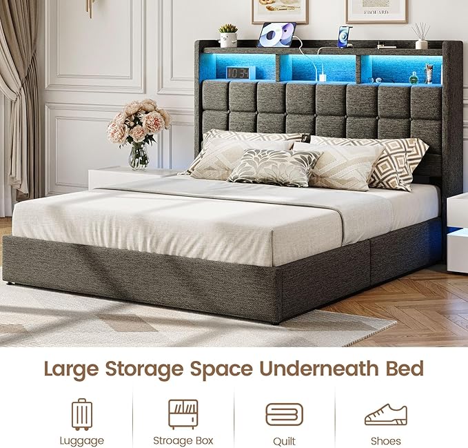 Lift Up King Size Bed Frame with Storage, Upholstered King Bed Frame with Charging Station and LED Lights Headboard, No Box Spring Needed, Easy Assembly - Dark Grey