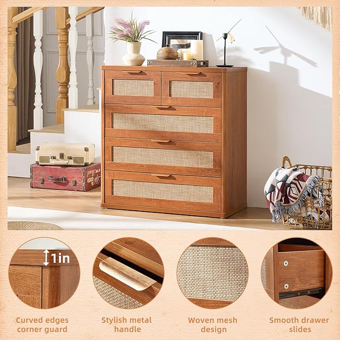 LEYAOYAO Rattan Dresser for Bedroom Set of 2, 33.5" Tall Chest of Drawers, Modern 5 Drawers Boho Dressers with Storage, Vintage Brown Dresser Wooden Closet Organizer for Living Room, Hallway